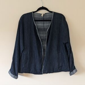 Eileen Fisher Chambray Dark Blue Boxy Open Front Casual Jacket Womens Sz Medium